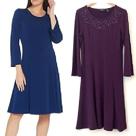SUSAN GRAVER Artisan Liquid Knit Dress Purple Floral Beaded Embroidered Small - Picture 1 of 9